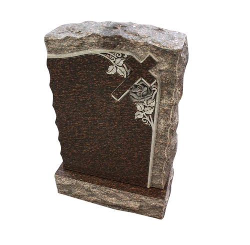 Cemetery Monument Design Cross Deep Carved Rose Rustic Rock Finish on Red Granite