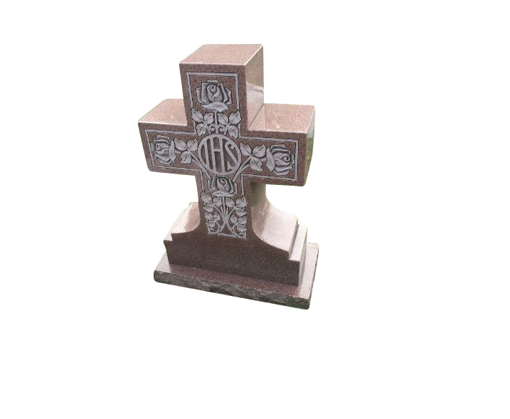 Polished Cross tombstone with deep carved roses for Resurrection Cemetery